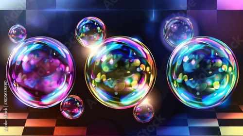 The bursting process of soap bubbles carried out in stages  transparent exploding air spheres in rainbow colors with reflections and highlights  isolated on a checkered background.