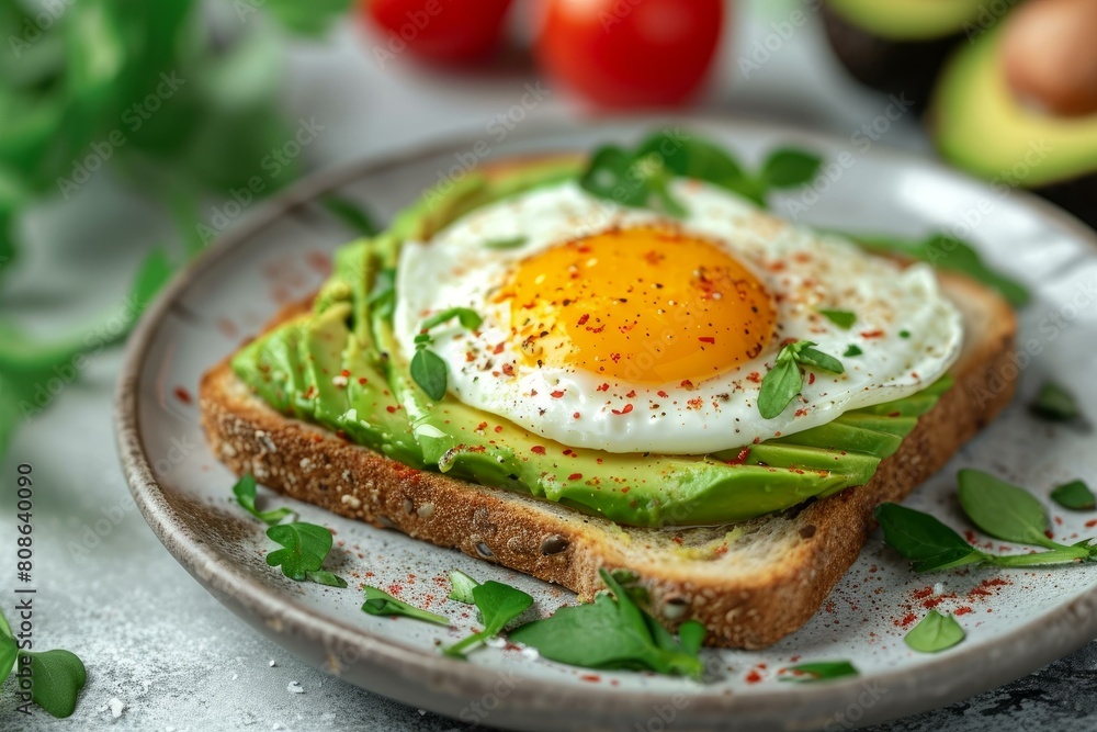 Close-up of a healthy avocado toast topped with a fried egg and sprinkled with microgreens