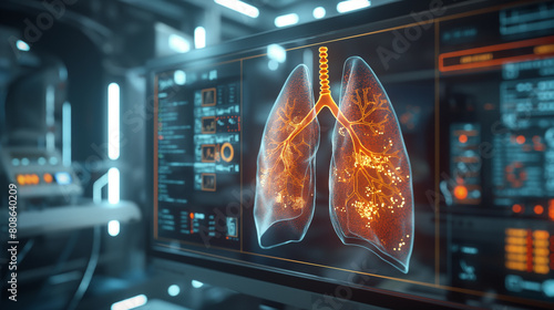 A computer monitor displays a close up of a human lung