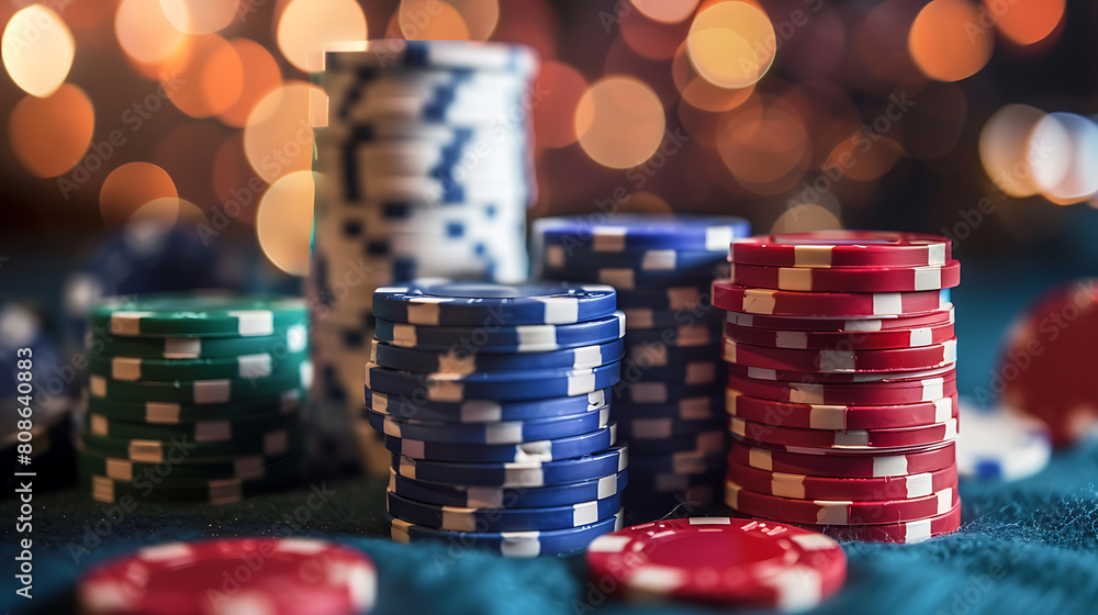 Casino chips with bokeh background, shallow depth of field Casino chips with bokeh background, shallow depth of field
