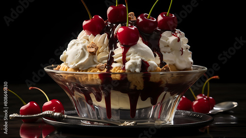 Create an image of an indulgent ice cream sundae--layers of creamy vanilla, chocolate sauce, whipped cream, and a maraschino cherry on top. Highlight the textures. photo