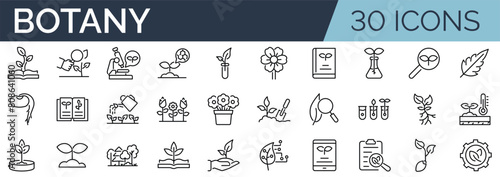 Set of 30 outline icons related to botany. Linear icon collection. Editable stroke. Vector illustration