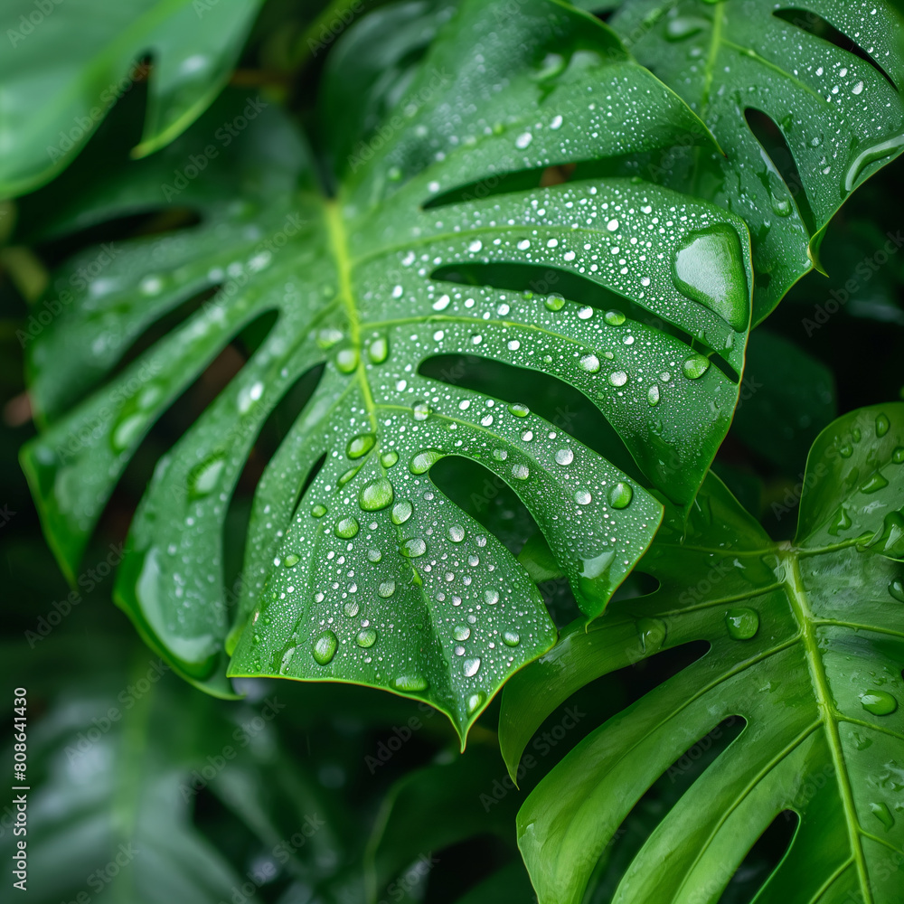 A leaf with water droplets on it, giving it a fresh and vibrant appearance A leaf with water droplets on it, giving it a fresh and vibrant appearance