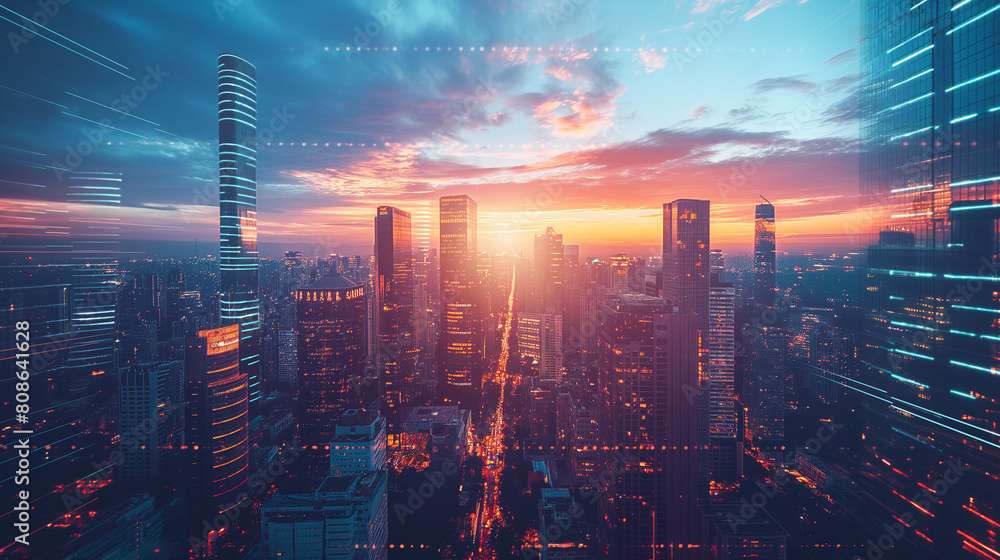 A city skyline with a beautiful sunset in the background A city skyline with a beautiful sunset in the background