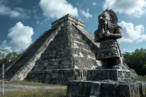 Majestic mayan pyramid with a detailed stone warrior sculpture in the foreground photo