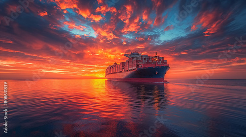 A large ship is sailing in the ocean with a beautiful sunset in the background