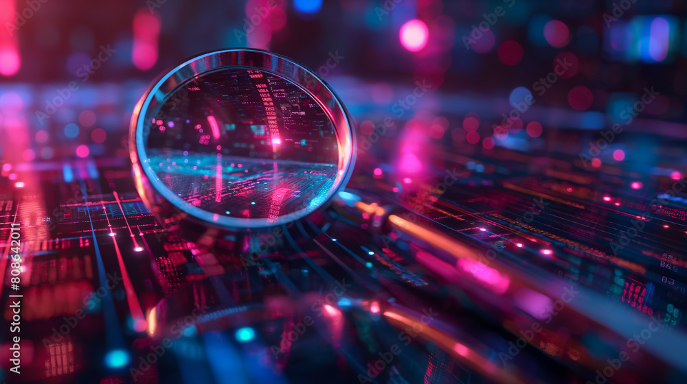 A magnifying glass is on a computer screen with a lot of numbers and lines A magnifying glass is on a computer screen with a lot of numbers and lines