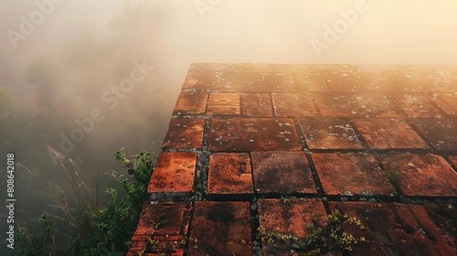 Top view of an aged rustic red brick wall  blending with early morning mist in a serene natural landscape  texture focus