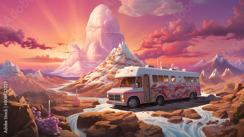 Envision an ice cream truck navigating a treacherous rocky road. The driver wears a chef's hat and wields a scoop like a sword. photo