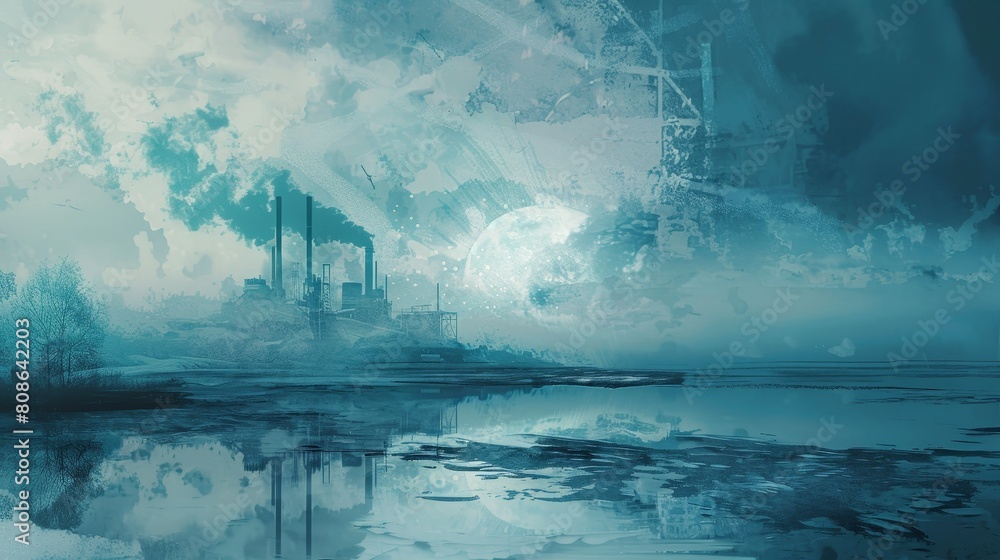 Apocalyptic industrial landscape with a looming moon over desolate terrain, blending nature and technology Apocalyptic industrial landscape with a looming moon over desolate terrain, blending nature and technology