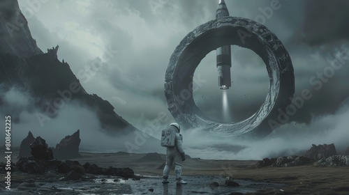 Suspenseful scene where a space-suited astronaut faces a giant ring door on a hell planet, with a rocket eerily visible in the stormy skies