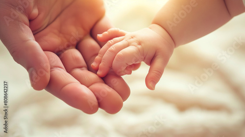 A baby's small hand gently grasping an adult's finger. photo