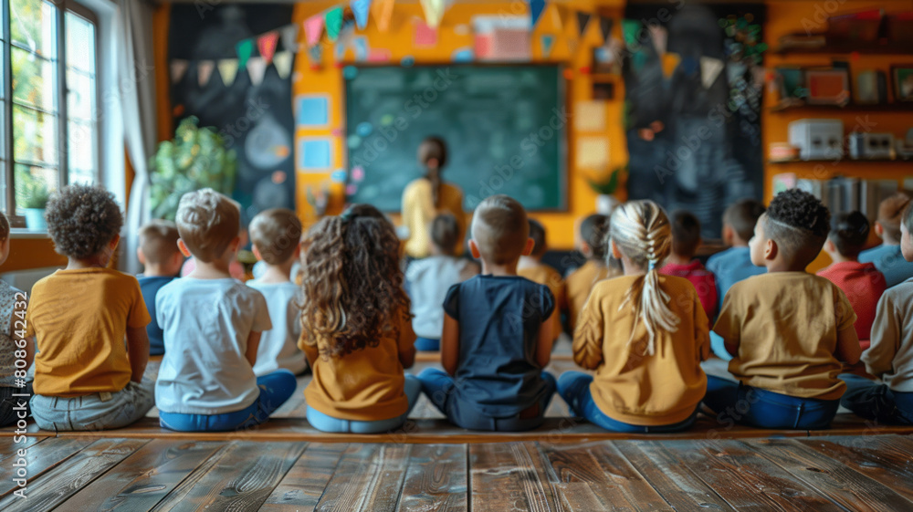 classroom scene, students sitting neatly and teacher standing in front of the board,generative ai classroom scene, students sitting neatly and teacher standing in front of the board,generative ai