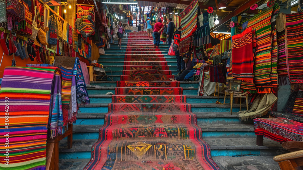 Naklejka premium Staircase in a busy market, vibrant with the colors and activities of local vendors.