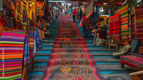 Staircase in a busy market, vibrant with the colors and activities of local vendors. © M