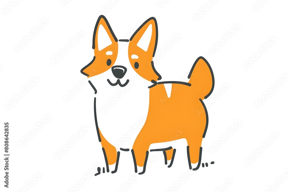 Cute Doodle of a Happy Corgi Dog Character in Simple Shapes and Bold Lines on a White Background