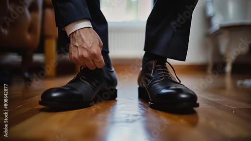Morning Preparation: Groom Tying His Shoes 