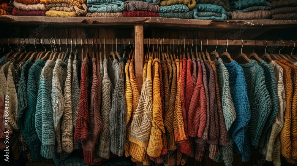 Sun-kissed, hand-knit sweaters in a spectrum of colors displayed on shelves, the light enhancing their handmade charm and rich textures Sun-kissed, hand-knit sweaters in a spectrum of colors displayed on shelves, the light enhancing their handmade charm and rich textures