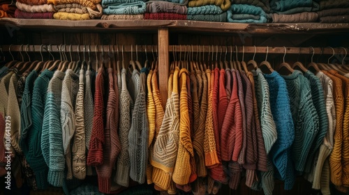 Sun-kissed, hand-knit sweaters in a spectrum of colors displayed on shelves, the light enhancing their handmade charm and rich textures © Paul
