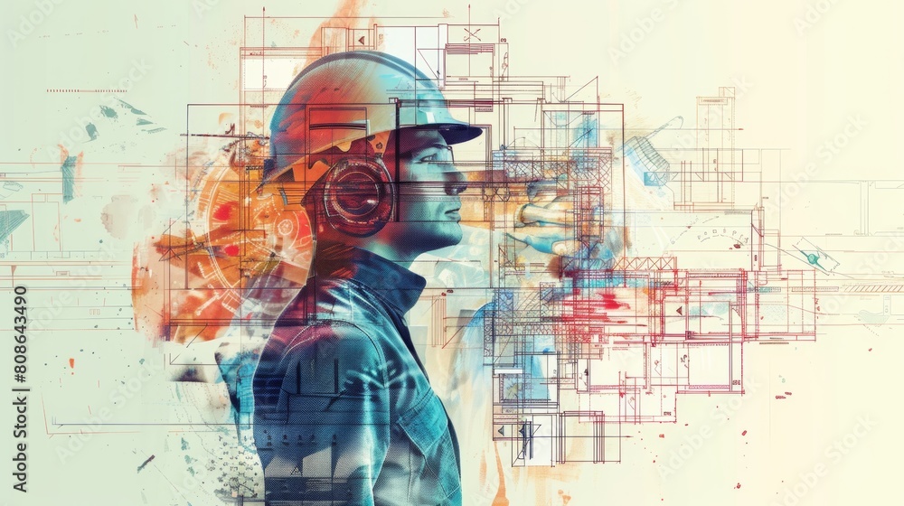 Engineer with hard hat overlayed with architectural blueprints and design elements, representing construction planning and industrial development. Engineer with hard hat overlayed with architectural blueprints and design elements, representing construction planning and industrial development.