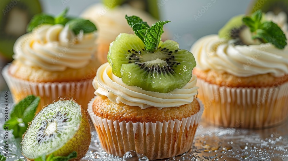 Sumptuous kiwi lime cupcakes featuring fresh fruit garnish and mint, on a glistening background, captured in a studio setting Sumptuous kiwi lime cupcakes featuring fresh fruit garnish and mint, on a glistening background, captured in a studio setting