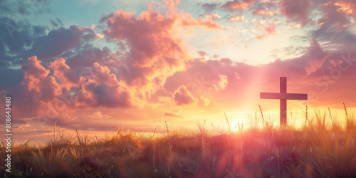 A captivating sunset casts a warm glow behind a solitary cross standing in a serene field  symbolizing hope and renewal.