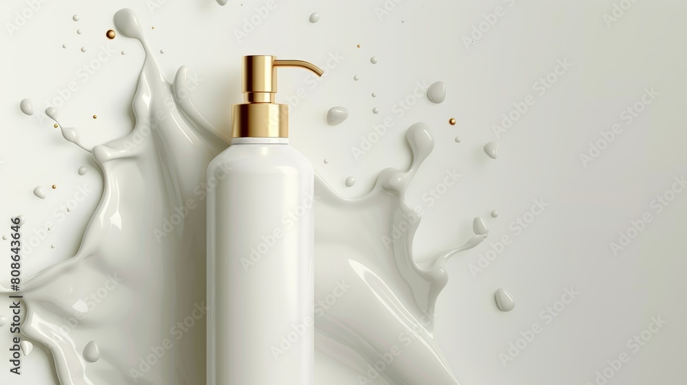 Mockup banner for a milk cleansing cosmetic bottle. Skin care cosmetic product pump tube on white background with milky splashes. Face or body moisturizer packaging design. 3-D modern illustration. Mockup banner for a milk cleansing cosmetic bottle. Skin care cosmetic product pump tube on white background with milky splashes. Face or body moisturizer packaging design. 3-D modern illustration.