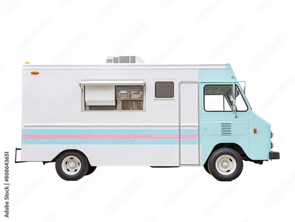 a white and blue food truck