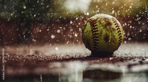 schmutziger gelb verfärbter baseball liegt im regen photo
