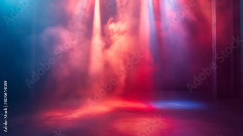 A red and blue light show with smoke in the background