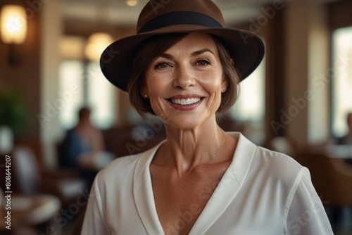 Beautiful woman 55 years with old short brown hair, wearing white panama hat short brim © Maryna Andriianova