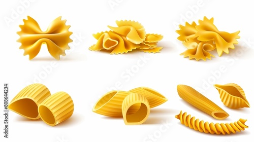A set of dry pasta and macaroni, with penne, fusilli, rigatoni, conchiglie, farfalle, and chiferri isolated on a white background, for use as design elements in food advertisements.