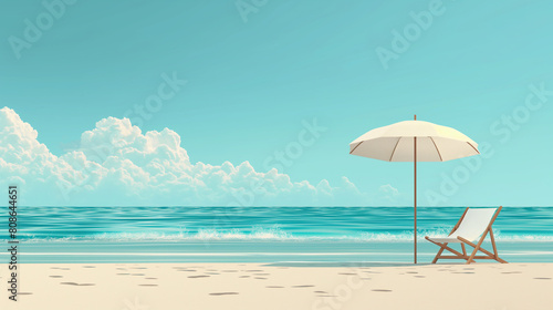 A beach scene with a white umbrella and a chair