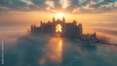 Spellbinding Atlantis emerging from the ocean fog, bathed in a heavenly light that casts a serene glow on its legendary structures