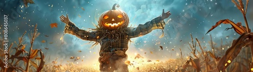 A cheerful scarecrow with a pumpkin head, dressed in patchwork clothes, standing in a field of luminescent mushrooms and friendly, waving corn stalks photo