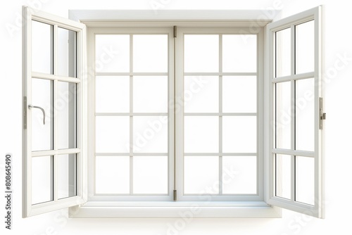 A modern open white casement window with clear panes isolated on a white background