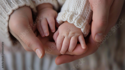 Close-up of a baby's hand held securely by an adult's hands.