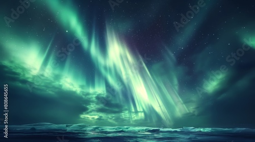 Mystical depiction of the northern lights casting a shimmering glow over icy terrain