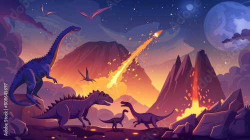 In the Jurassic, Cretaceous or Triassic period, dinosaurs went extinct because of the impact of a meteorite. A asteroid explosion ended the prehistoric era with an erupting volcano. photo