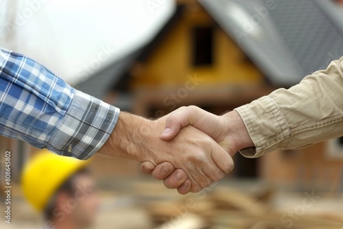 Contractor and homeowner finalize agreement with handshake for home renovation project