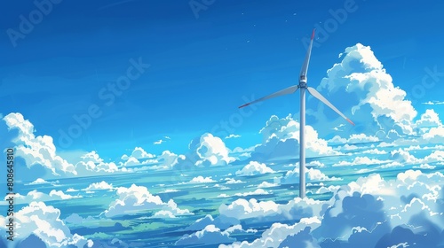 The concept of alternative renewable power generation on a blue sky, with windmills having white vanes and clouds in the sky. Modern realistic illustration of wind turbines. Alternative renewable photo