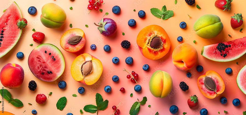 A flat lay with various fruit and berries watermelon peach mint plum apricots blueberry currant on a solid colorfull background, banner design A flat lay with various fruit and berries watermelon peach mint plum apricots blueberry currant on a solid colorfull background, banner design