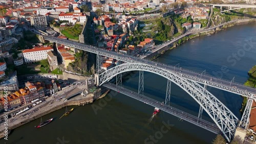 Aerial view of famous historic Porto city, center with Luis I Bridge over Douro river photo