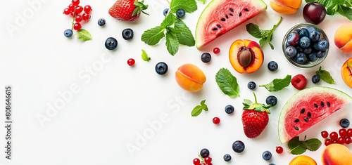 A flat lay with various fruit and berries watermelon peach mint plum apricots blueberry currant on a solid colorfull background, banner design