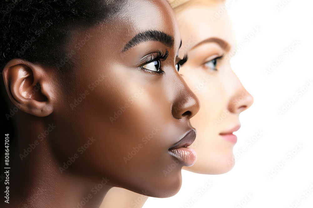 Diversity concept. Banner of half face woman, african and caucasian females on isolated transparent background Diversity concept. Banner of half face woman, african and caucasian females on isolated transparent background