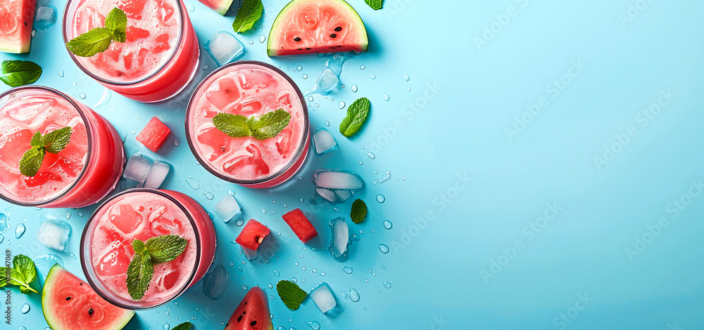 A flat lay with various fruit and berries watermelon peach mint plum apricots blueberry currant on a solid colorfull background, banner design A flat lay with various fruit and berries watermelon peach mint plum apricots blueberry currant on a solid colorfull background, banner design