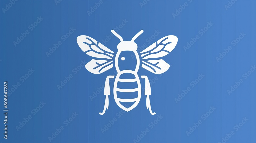 Elegant minimalist white logo bee design on a soothing blue background, banner, copy space Elegant minimalist white logo bee design on a soothing blue background, banner, copy space