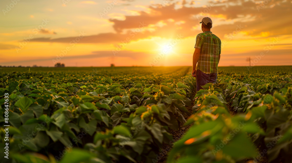Fototapeta premium Farmer Overlooking Sunset in Lush Soybean Field