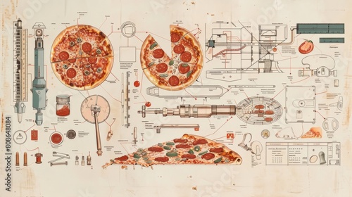 Vintage-style technical illustrations and schematics depicting pizza and related tools, with an engineering or design theme overlay. photo