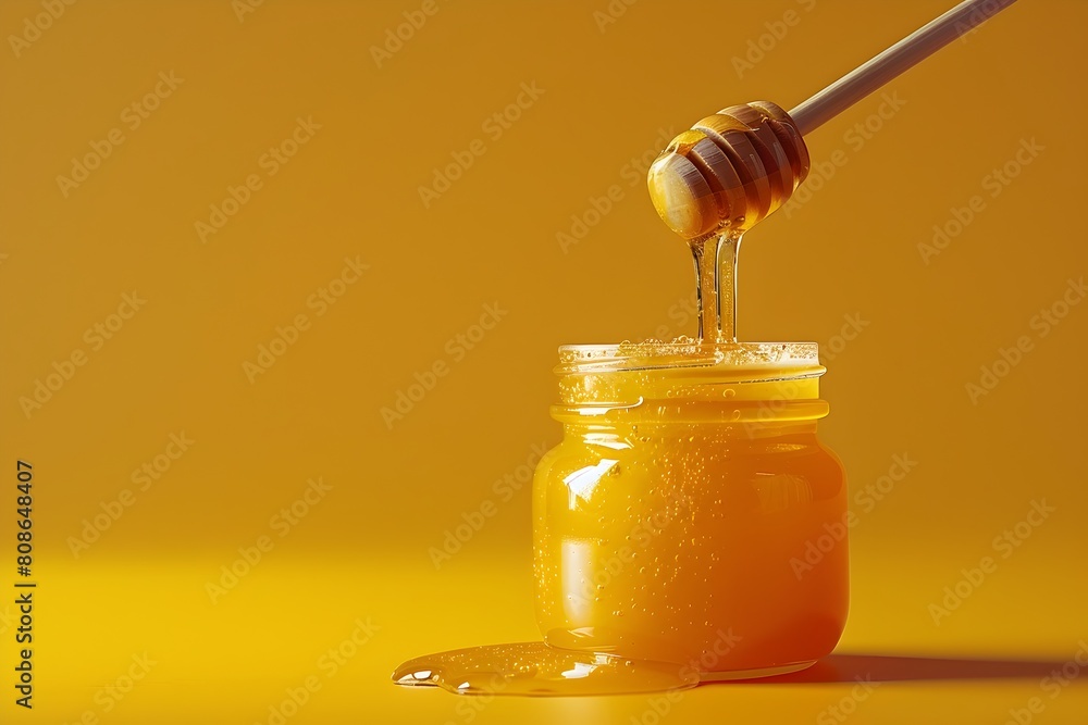 Honey Drizzled from Wooden Stick into Glass Jar on Solid Color Background Honey Drizzled from Wooden Stick into Glass Jar on Solid Color Background